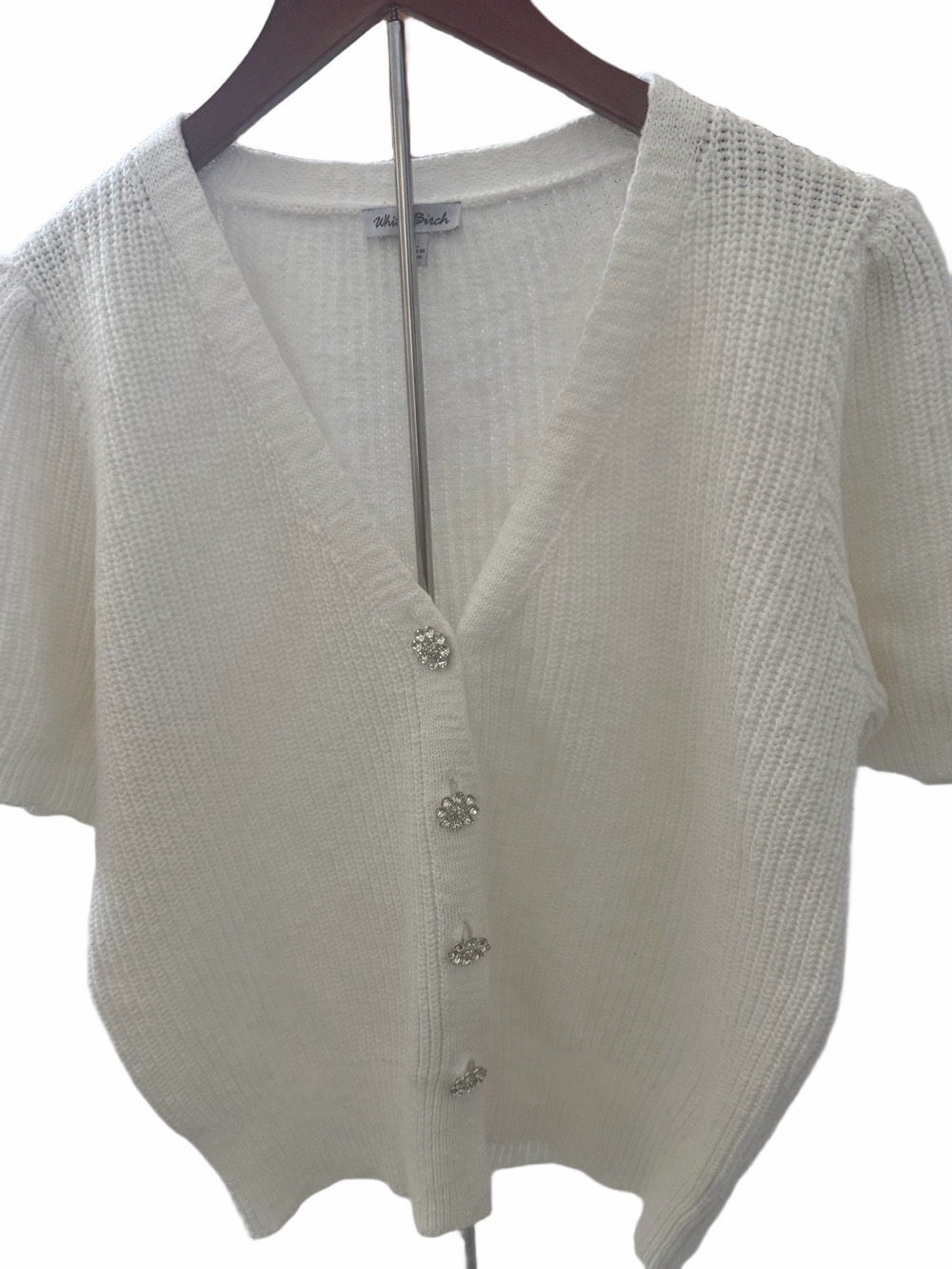White Birch Womens Large Short Sleeve Cardigan Ribbed Knit Rhinestone Button EUC